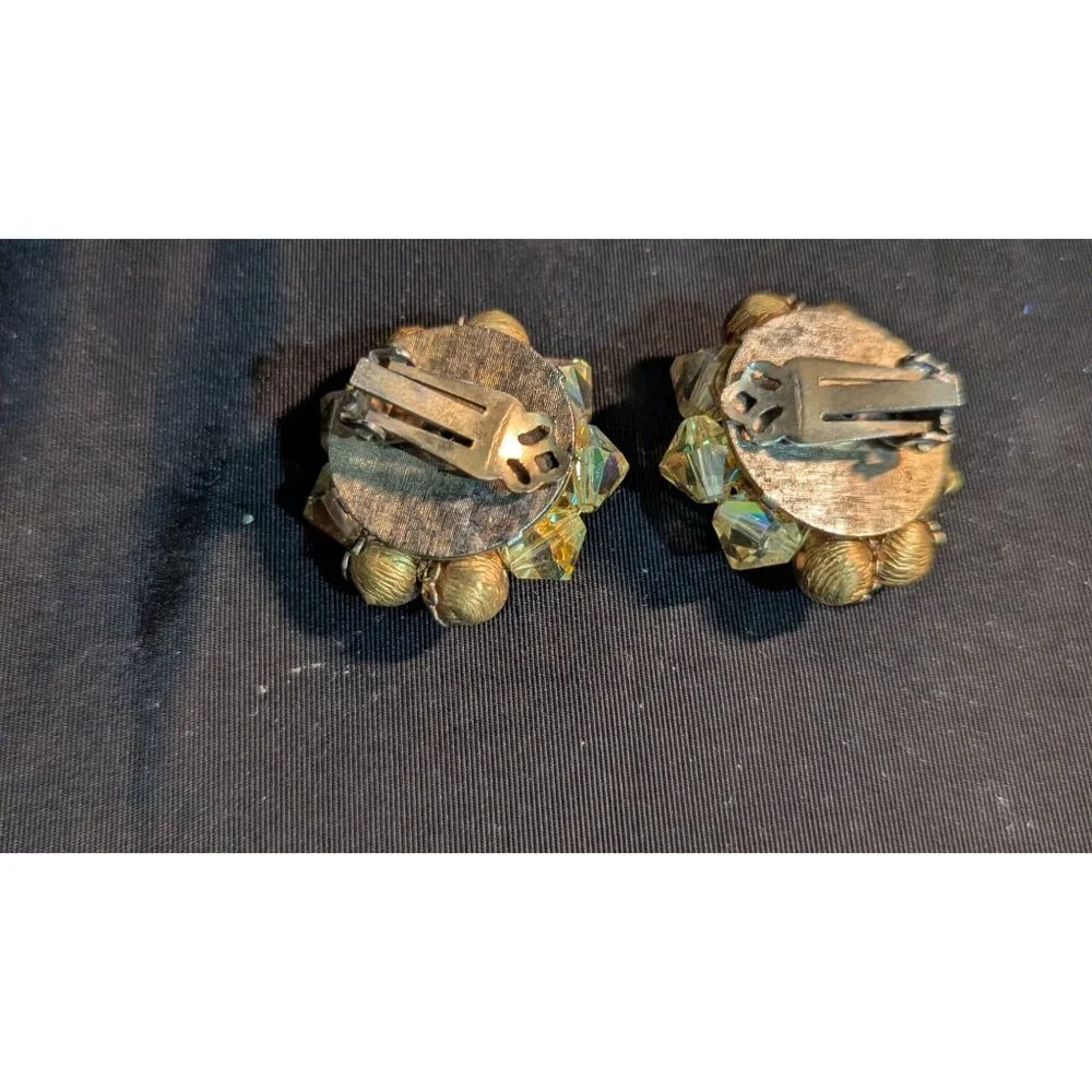 Vintage Clip-On Earrings Aurora Borealis‎ Crystal Beads Cluster Retro Estate